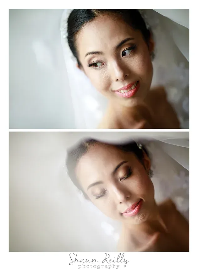 Portrait of a bride in white veil, softly smiling in close-up, with a dreamy blurred background