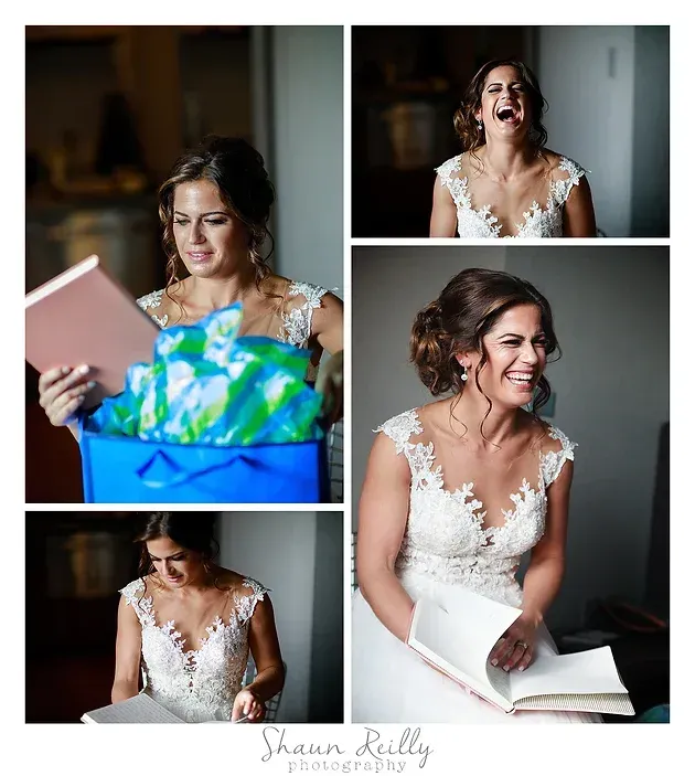 Bride in white lace dress smiling while opening a gift, shown in a collage of candid wedding moments