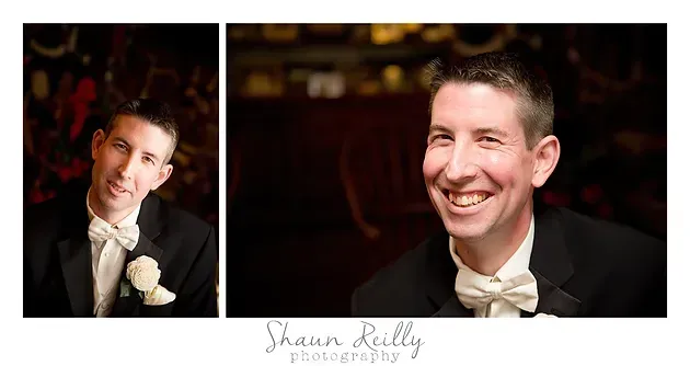 Portrait collage of a smiling man in a tuxedo, with close-up and side-view wedding photos