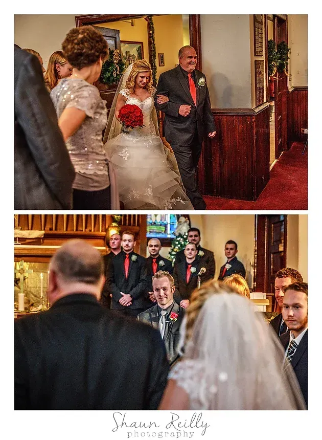 Bride walking down aisle as guests watch at a wedding ceremony