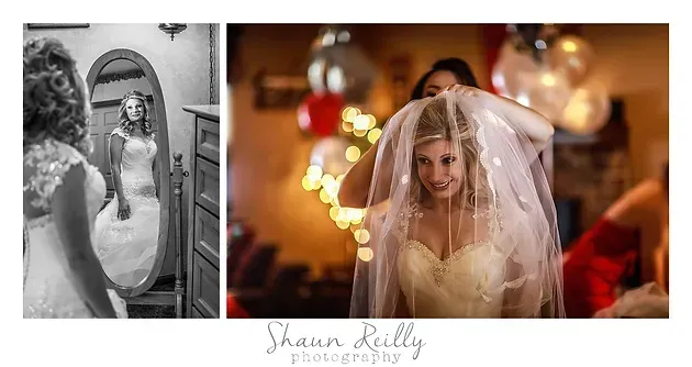 Wedding photo collage of a bride in a gown and veil, shown in black-and-white and warm color portraits