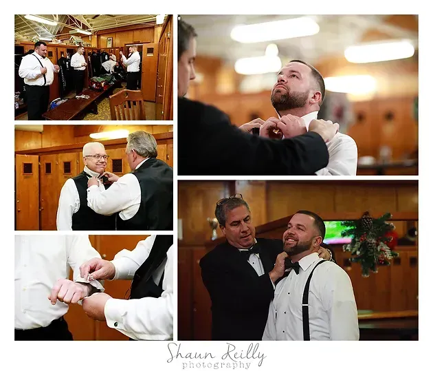 Collage of men in tuxedos adjusting bow ties and jackets in a warmly lit wood-paneled room