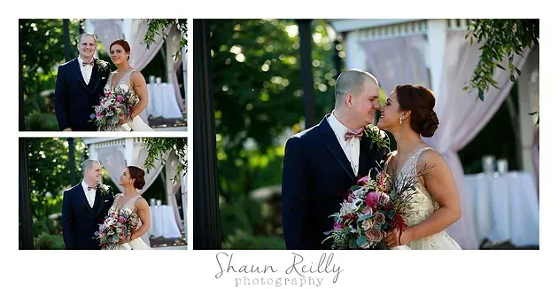 Wedding couple kissing under a white canopy, with bouquet and greenery in a three-photo collage