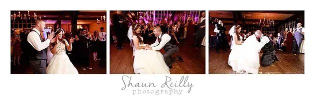 Wedding couple dancing in a warmly lit reception hall with a three-panel collage and signature text below