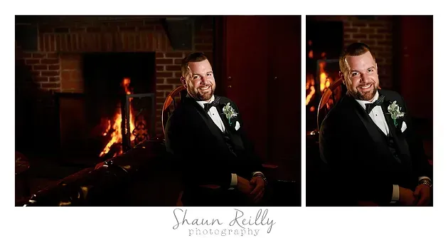 Smiling man in a tuxedo seated by a glowing fireplace, shown in two portrait photos