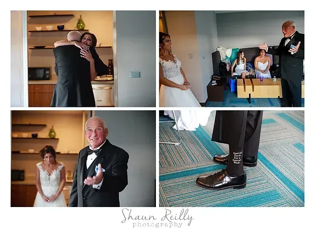 Collage of people in formal attire at a small indoor gathering, including a hug and a close-up of dress shoes.