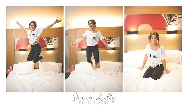 Woman jumping on a bed in a warm-toned hotel room, shown in three vertical frames