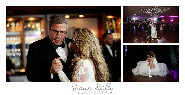 Wedding photo collage: couple dancing, bride seated in white gown, and reception hall with purple lights