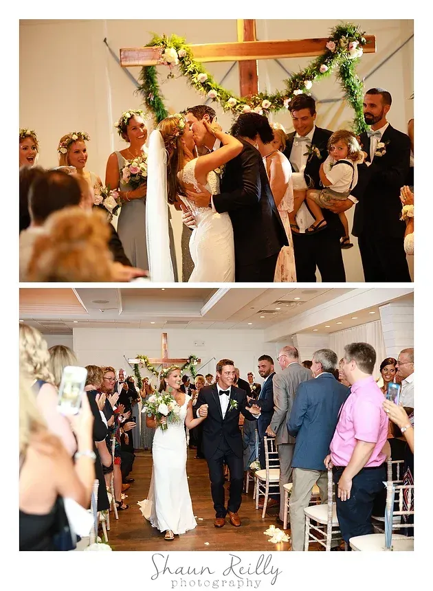 Wedding ceremony and reception collage with couple kissing before a wooden cross, guests applauding below.