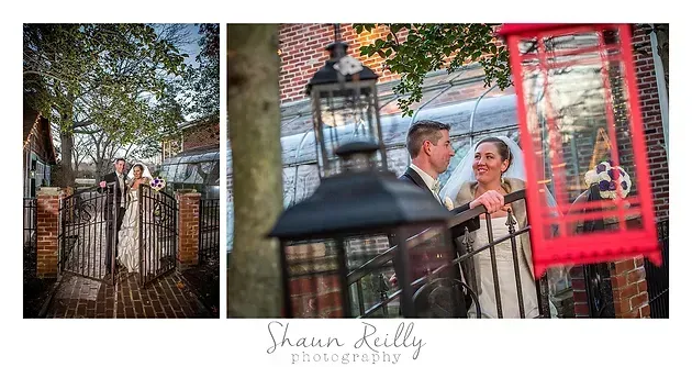 Outdoor engagement portraits with a couple by a red lantern and iron gate at sunset