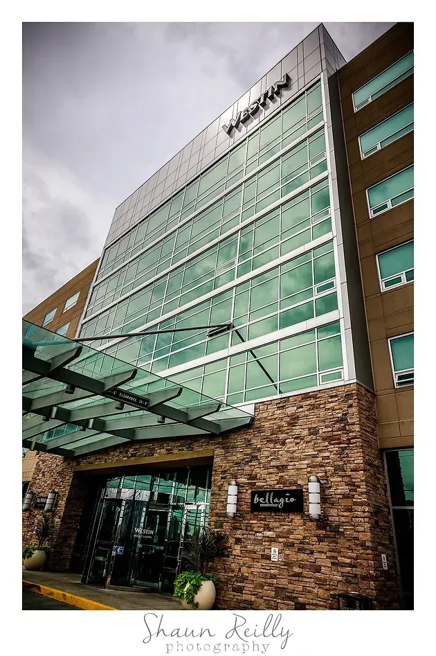 Glass-and-stone hotel entrance with a modern green facade and covered canopy