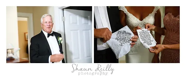 Man in tuxedo beside doorway; close-up of hands opening a white lace wedding garter.