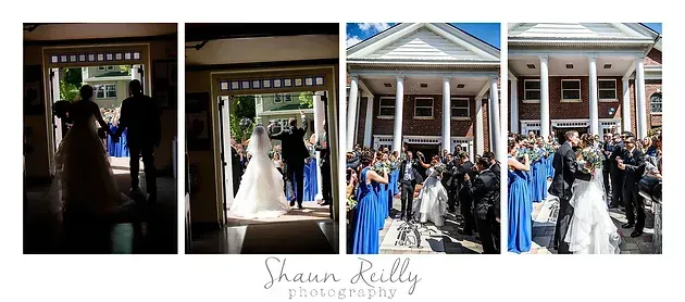 Wedding party exiting church, with couple and guests gathered on the steps outside.