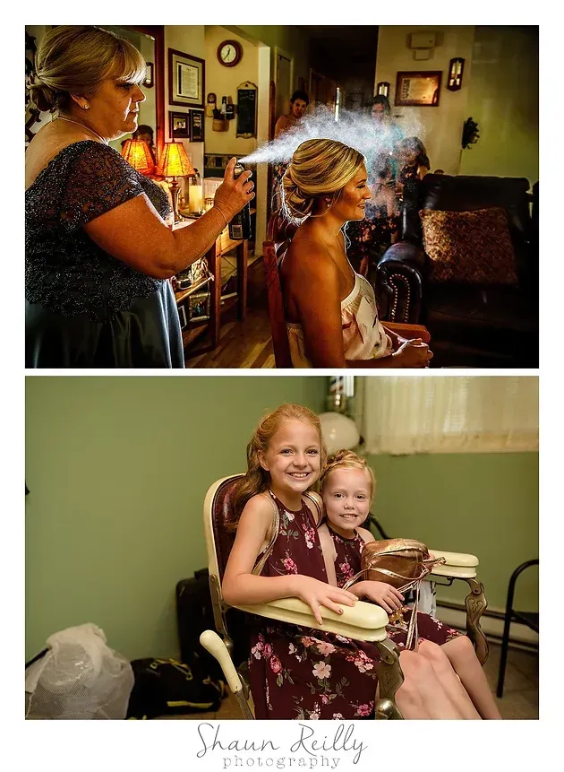 Two salon scenes: hairstylist styling a seated client, and a smiling woman holding a child on a chair