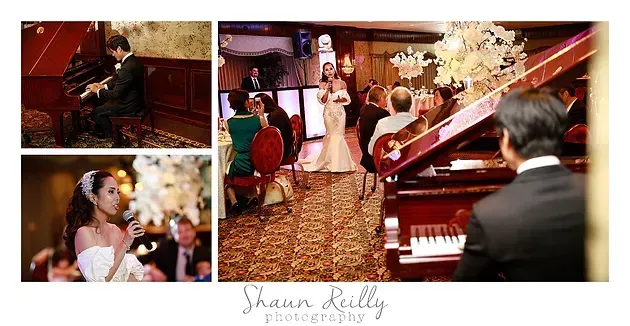 Wedding collage with bride and groom in a warmly lit hall, including a piano and floral decor