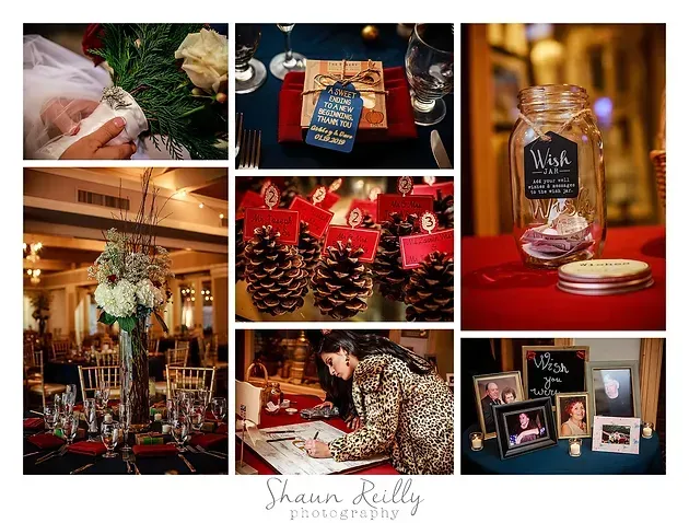 Holiday event collage with red, gold, and black decor, tables, wreaths, signage, and festive floral arrangements