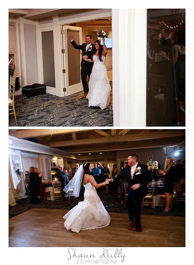 Bride and groom dancing at a wedding reception in a ballroom
