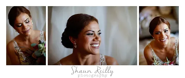 Three-panel wedding portrait collage of a smiling woman in a white dress with a floral bouquet