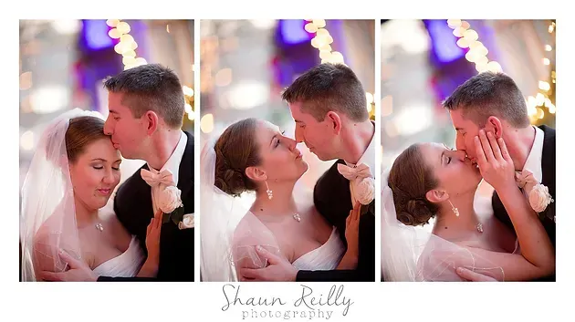 Three-panel wedding kiss portrait of a couple in white attire, smiling and embracing amid soft lights
