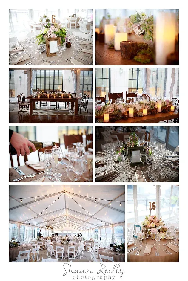 Rustic wedding decor collage with candles, floral centerpieces, tables, and a tented reception setup