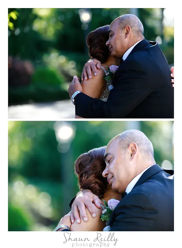 Two people embrace outdoors, with a soft-focus green background and a close-up black-and-white portrait below.