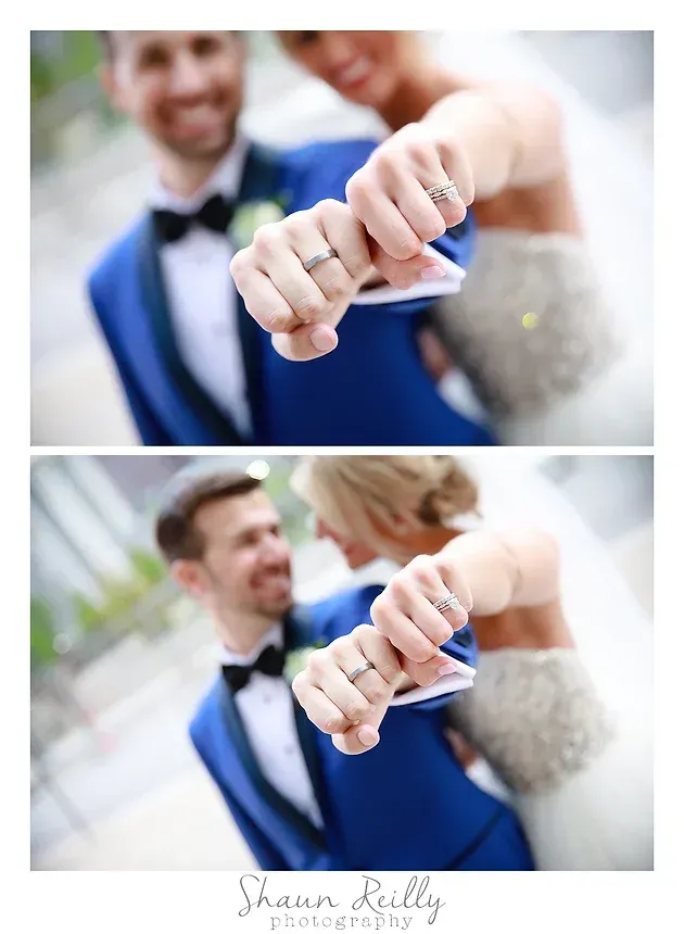 Two wedding photos of a couple showing their rings, with the groom in a blue vest and the bride in a white dress