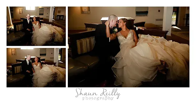 Bride and groom kissing on a bed in a dimly lit hotel room, shown in a collage of wedding photos