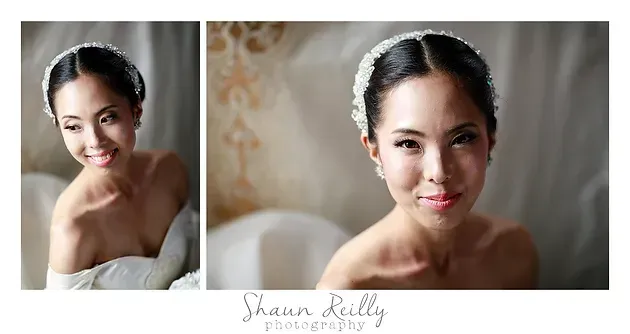 Side-by-side bridal portrait of a smiling woman in a white dress, softly lit against a neutral backdrop