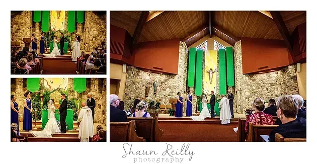 Wedding ceremony in a stone church with green-and-gold decor and guests seated at the altar