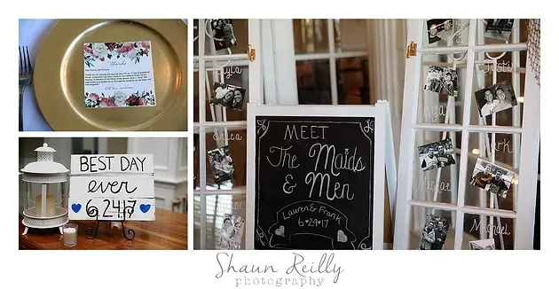 Wedding décor with chalkboard signs and lanterns on a white table, including “Meet the Moores & More.”