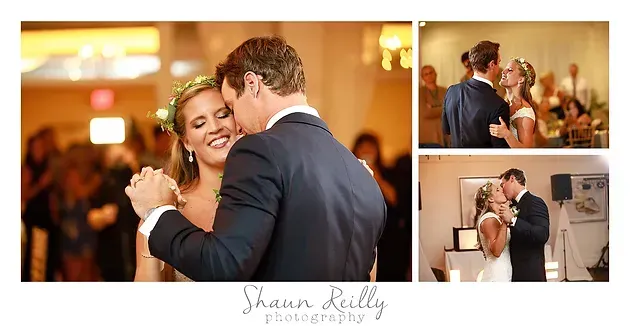 Bride and groom slow dancing at a warm-lit wedding reception, with smaller candid moments beside them