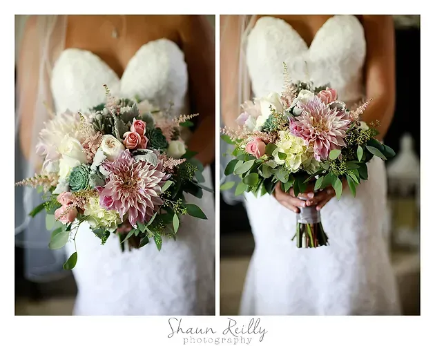 Bride holding a blush pink and white bouquet against a strapless white wedding dress, shown in two views
