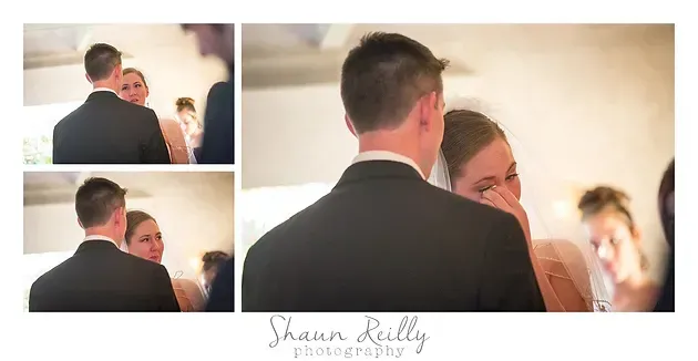 Three-panel wedding photo collage of a couple embracing indoors, with warm light and a blurred background.