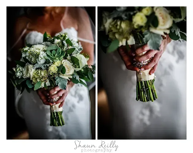 Bride holding a white and green wedding bouquet in a white dress, shown in a two-panel close-up.
