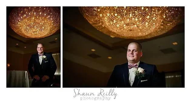 Man in a suit under a glowing chandelier in a dim ballroom, shown in two portrait views.