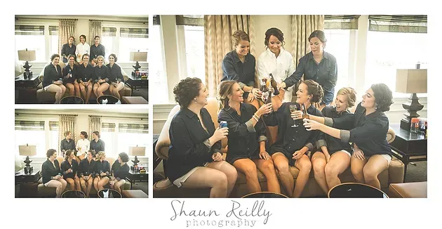 Collage of friends on a couch in a bright living room, laughing and posing together.
