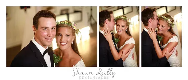Wedding couple posing and kissing in a three-photo collage, with warm indoor lighting and a signature below