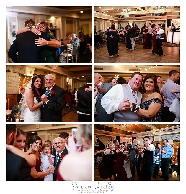 Wedding reception collage with guests dancing, hugging, and posing in a warmly lit hall