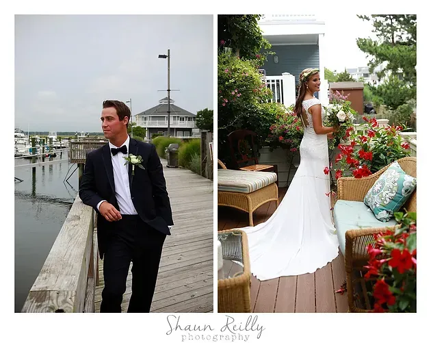 Wedding couple: groom in black tux on boardwalk, bride in white gown on flower-filled porch.