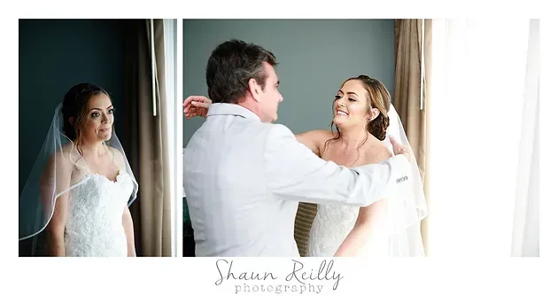 Bride in veil and groom embracing by a window, with a wedding photo collage and photographer watermark below.
