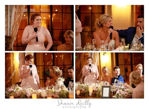 Bride giving a speech at a warmly lit wedding reception, shown in four candid moments.