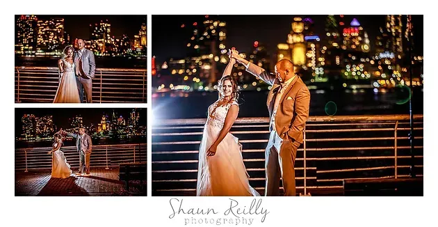 Couple dancing on a lit bridge at night with city skyline lights in the background