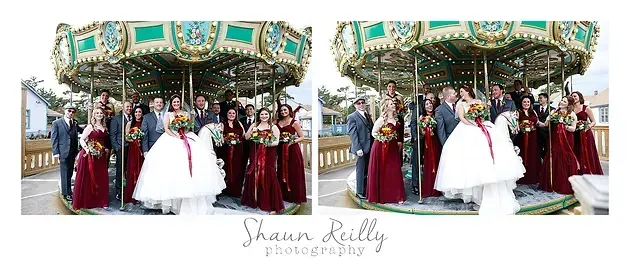 Wedding party posing under a decorated carousel canopy, with bride in white gown at center.