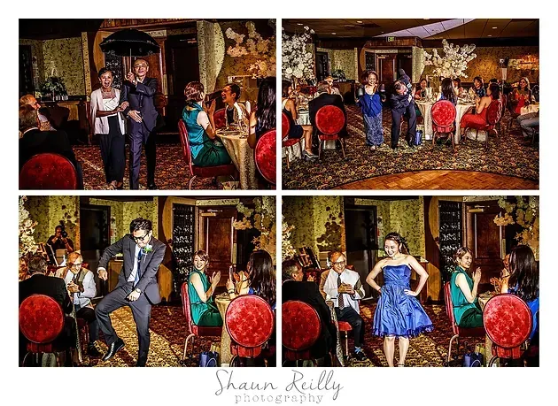 Four-panel wedding portraits of a couple seated and posing in a decorated garden venue