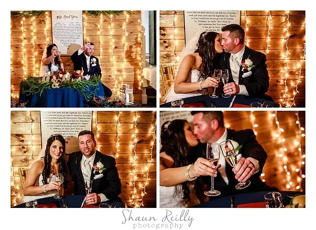 Wedding collage of a couple kissing and clinking champagne glasses before a gold curtain backdrop