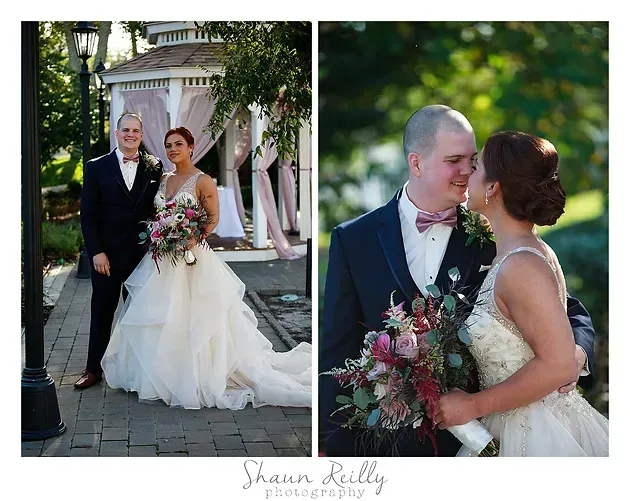 Bride and groom pose outdoors in wedding attire, holding a bouquet, with a second close-up kiss portrait.