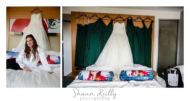 Woman sitting on a bed beneath a canopy of white and green drapes in a cozy bedroom