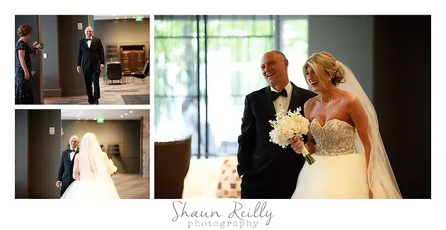 Wedding collage of bride and groom entering the ceremony and smiling together in a bright hall