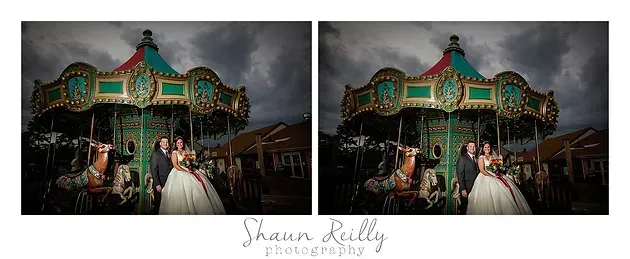 Couple in formalwear before a lit carousel at night, shown as a side-by-side photo comparison.