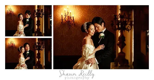Wedding photo collage of a couple embracing in an elegant warm-lit room